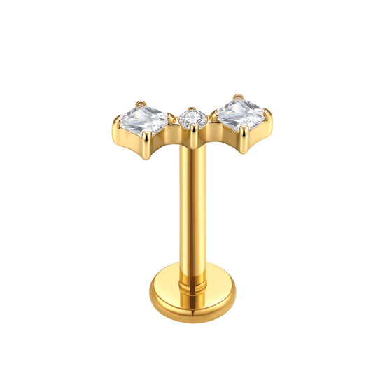 3 CZ Curved Bar Flatback PVD, PVD gold ASTM F136 titanium top